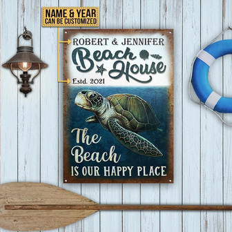 Metal Sign- Turtle Beach Happy Place Nice Design Rectangle Metal Sign Custom Name Year - Thegiftio