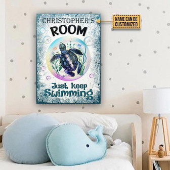 Metal Sign- Turtle Just Keep Swimming Blue Rectangle Metal Sign Custom Name - Thegiftio UK