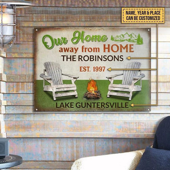Metal Sign- Two Chairs Camping Our Home Green Rectangle Metal Sign Custom Name Year Place - Thegiftio UK