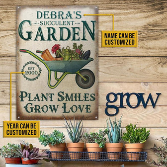 Metal Sign- Vertical Shape Succulent Plant Smiles Grow Love Rectangle Metal Sign Custom Name Year - Thegiftio