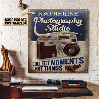 Metal Sign- Vintage Photography Studio Blue Rectangle Metal Sign Custom Name - Thegiftio