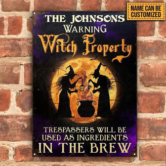Metal Sign- Warning Witch Property Full Moon Rectangle Metal Sign Custom Name - Thegiftio