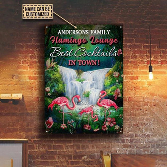 Metal Sign- Waterfall Flamingo Lounge Best Cocktail Rectangle Metal Sign Custom Name - Thegiftio UK
