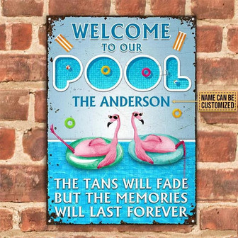 Metal Sign- Wecome Flamingo Swimming Pool But Memories Custom Name Rectangle Metal Sign - Thegiftio UK