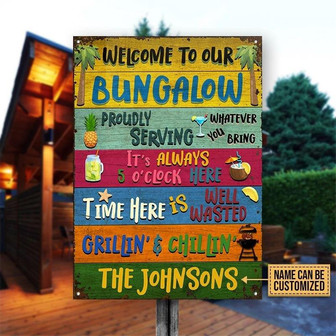 Metal Sign- Welcome To Our Bungalow Rectangle Metal Sign Custom Name Colorful Style - Thegiftio UK
