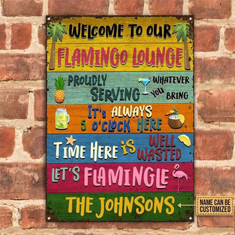 Metal Sign- Welcome To Our Flamingo Lounge Colorful Rectangle Metal Sign Custom Name - Thegiftio UK