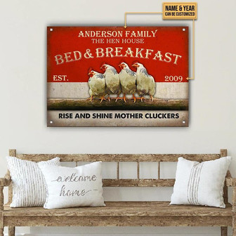 Metal Sign- White Chicken Bed And Breakfast Red Rectangle Metal Sign Custom Name Year - Thegiftio UK