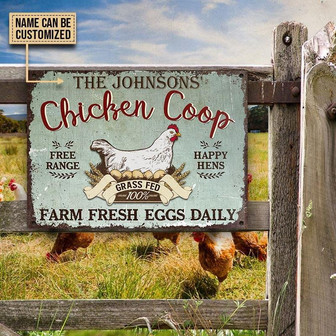 Metal Sign- White Chicken Free Range Happy Hens Blue Rectangle Metal Sign Custom Name - Thegiftio