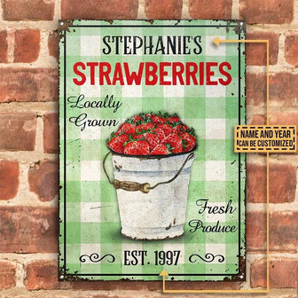 Metal Sign- White And Green Strawberry Fresh Produce Rectangle Metal Sign Custom Name Year - Thegiftio UK