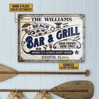 Metal Sign- White Theme Grilling Beach Happy Hour Rectangle Metal Sign Custom Name Place Address - Thegiftio UK