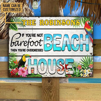 Metal Sign- White Background Beach House Barefoot Rectangle Metal Sign Custom Name - Thegiftio