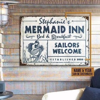 Metal Sign- White Background Mermaid Inn Sailors Welcome Rectangle Metal Sign Custom Name Year - Thegiftio UK