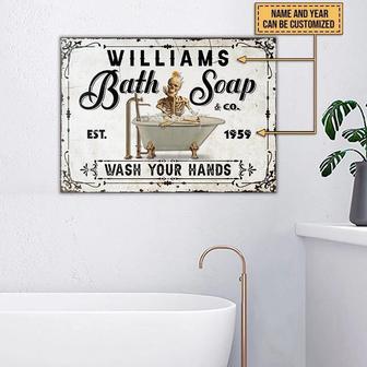 Metal Sign- White Background Skeleton Bath Soap Rectangle Metal Sign Custom Name Year - Thegiftio UK