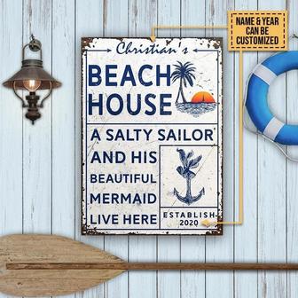 Metal Sign- White Theme Mermaid Beach House His Beautiful Mermaid Rectangle Metal Sign Custom Name Year - Thegiftio UK