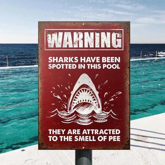 Metal Sign- White Shark On Red Backdrop Warning In This Pool Home Decor Rectangle Metal Sign - Thegiftio UK