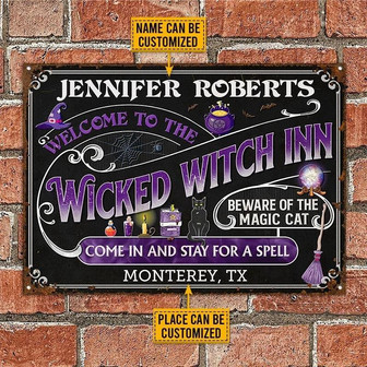 Metal Sign- Witch Inn Stay For A Spell Black Background Rectangle Metal Sign Custom Name Place - Thegiftio