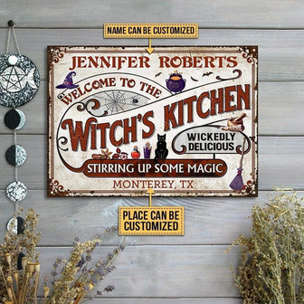 Metal Sign- Witch Kitchen Stirring Up Some Magic White Rectangle Metal Sign Custom Name Place - Thegiftio