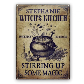 Metal Sign- Witch Kitchen Stirring Up Some Magic Vintage Rectangle Metal Sign Custom Name - Thegiftio