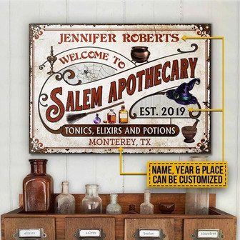 Metal Sign- Witch Salem Apothecary Nice Style White Rectangle Metal Sign Custom Name Year Place - Thegiftio