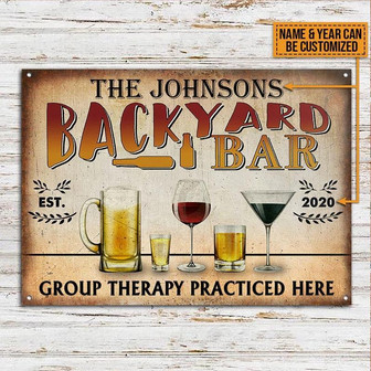 Metal Sign- Backyard Bar Group Therapy Orange And Yellow Rectangle Metal Sign Custom Name Year - Thegiftio