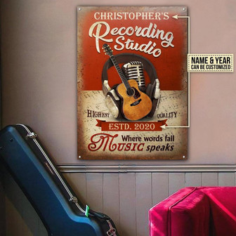 Metal Sign- Yellow Acoustic Guitar Red Vertical Rectangle Metal Sign Custom Name Year - Thegiftio