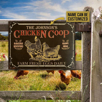 Metal Sign- Yellow Chicken Coop Brown Farm Fresh Eggs Rectangle Metal Sign Custom Name - Thegiftio UK