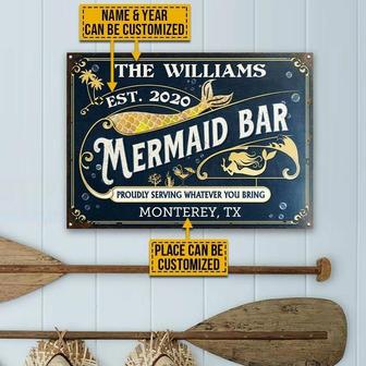 Metal Sign- Yellow Mermaid Bar Proudly Serving Blue Rectangle Metal Sign Custom Name Year Place - Thegiftio UK