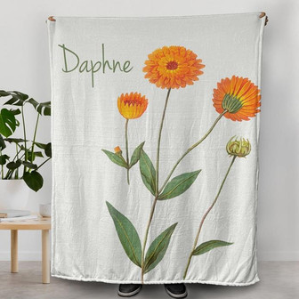 Orange Marigold Flowers Blanket, Custom Your Name on the Blanket, Cute Floral Print, Big Print on Blanket with Personalization - Thegiftio