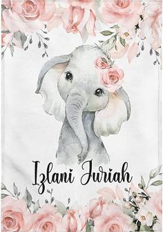 Personalized Baby Blankets - Baby Blanket for Girls with Name - Floral Watercolor Elephant Blanket - Thegiftio UK