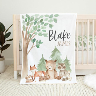 Personalized Baby Boy Blanket, Woodland Baby Blanket, Woodland Animals Blanket, Baby Shower Gift - Thegiftio UK