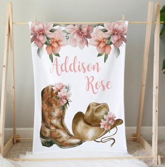 Personalized Baby Girl Blanket Floral Western Baby Blanket Pink Flower Cowboy Cowgirl Blanket Personalized Name Blanket Floral Custom Gift - Thegiftio