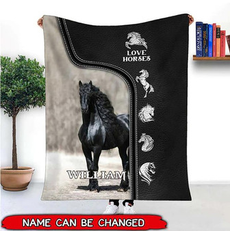 Personalized Custom Name Horse Lover Blanket, Birthday Gift, Black Horse Blanket, Christmas Gift - Thegiftio