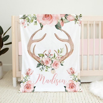 Personalized Deer Baby Blanket, Pink Floral Deer Antler Blanket - Thegiftio UK