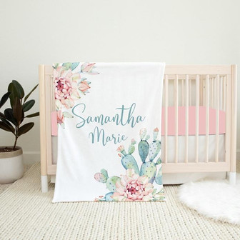 Personalized Floral Cactus Baby Blanket, Succulent Baby Blanket, Baby Girl Blanket, Baby Shower Gift - Thegiftio UK