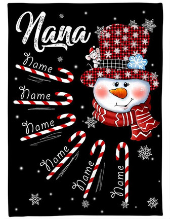 Personalized Grandma Snowman Candy Cane Christmas Blanket, Grandma Nana Mimi Christmas Blanket, Custom Grandma With Grandkids Name Blanket - Thegiftio