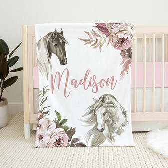 Personalized Horse Baby Blanket, Baby Girl Blanket, Baby Name Blanket Baby Shower Gift, Farmhouse Blanket, Horse Nursery - Thegiftio UK