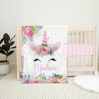 Personalized Unicorn Blanket, Floral Unicorn Blanket, Unicorn Baby Blanket - Thegiftio UK