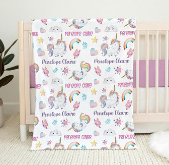 Pink Purple Unicorn Blanket, Rainbow Unicorn Baby Name Blanket, Personalized Baby Girl Blanket - Thegiftio