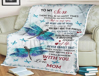 To My Son,Dragonfly Blanket,I Will Always Be With You Love Mom, Gift For Son Family Home Decor Bedding Couch Sofa Soft - Thegiftio UK