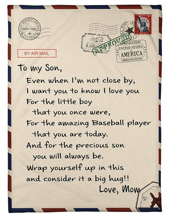 To My Son Fleece Blanket, By Air Mail Baseball Letter Gift For Son From Mom Birthday Gift Home Decor Bedding Couch - Thegiftio UK