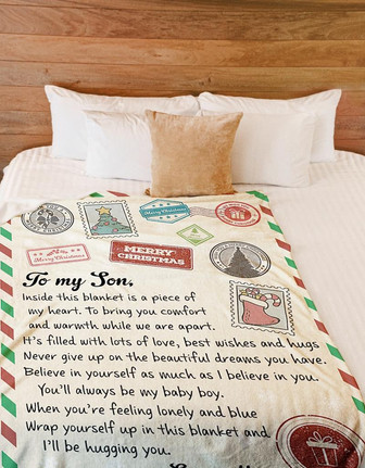 To My Son I'll Be Hugging You Merry Christmas Blanket Gift For Son From Mom Birthday Gift Home Decor Bedding Couch - Thegiftio UK