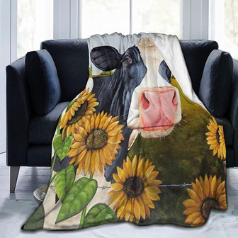 Sunflower Cow Throw Blanket for Couch, Sunflower Cow Cattle Painting Rustic Farmhouse Picture Lightweight Cozy Flannel Bed Blanket - Thegiftio UK