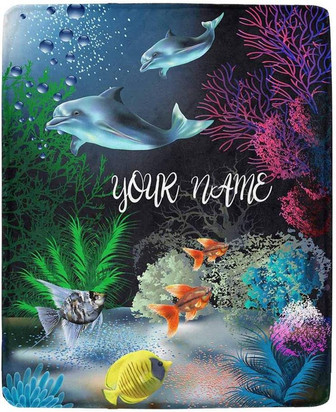 The Underwater World with Dolphins and Plants Personalized Fleece Blanket Ultra-Soft Micro Cozy for Couch Sofa or Bed - Thegiftio
