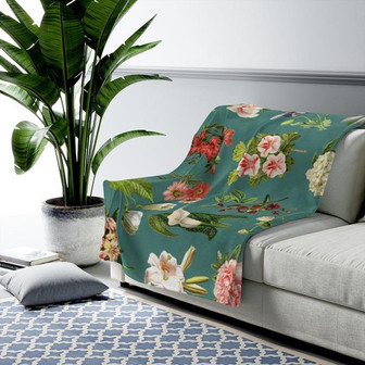 Vintage Wildflower Throw Blanket in Emerald Green, Floral Velveteen Blanket, Vintage Floral Decor, Botanical Throw - Thegiftio