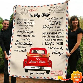 To My Wife God Blessed The Broken Road That Led Me Red Truck Custom Name and Date Anniversary Gifts For Couples Fleece Blanket - Thegiftio UK