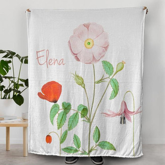 Wild Rose and Poppy Flower Custom Name Blanket, Plush Monogram Blanket, Gifts for Her, Couch Throw, Personalized Gifts for Girlfriend - Thegiftio