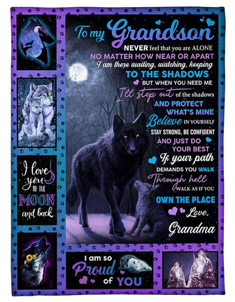 Wolf To My Grandson Never Feel That You Are Alone Fleece Blanket Gift From Grandma Gift For Wolf Lovers Home Decor - Thegiftio UK