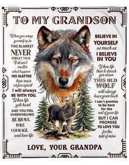 Wolf To My Grandson From Grandpa Believe In Yourself Blanket Gift For Grandson Family Home Decor Bedding Couch Sofa Soft - Thegiftio UK