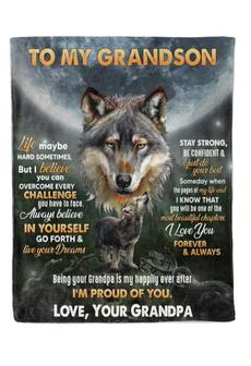 Wolf To My Grandson Life Maybe Hard Sometimes Blanket Gift For Grandson From Grandpa Home Decor Bedding Couch Sofa Soft - Thegiftio UK