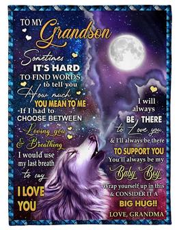 Wolf And Moon To My Grandson I Will Always Be There To Love You Fleece Blanket Gift From Grandma To Grandson Home Decor - Thegiftio UK